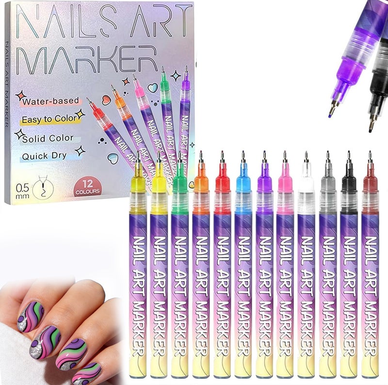 12 Colors Nail Art Pens Set,Professional Nail Art Markers for 3D Drawing Dotting Painting, DIY Quick Dry Graffiti Dotting Point Liner Pens, 3D Nails Polish Pen for Painting,Nails Design Tools Kit - Image 1